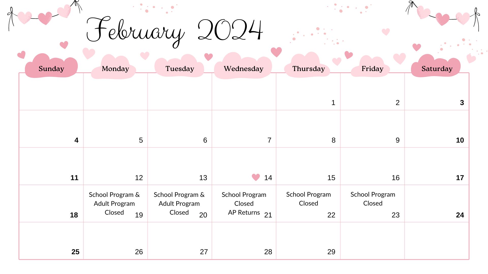 February 2024 Calendar Autism Center